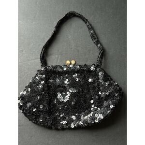 Vintage Sequin Evening Bag Kiss Clasp Black Lined Cocktail Formal Clutch Purse